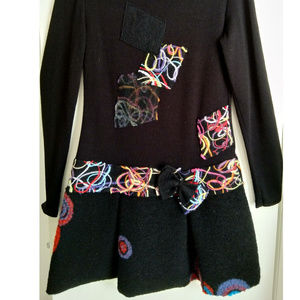 French wool dress blackl with colorful patches size 4